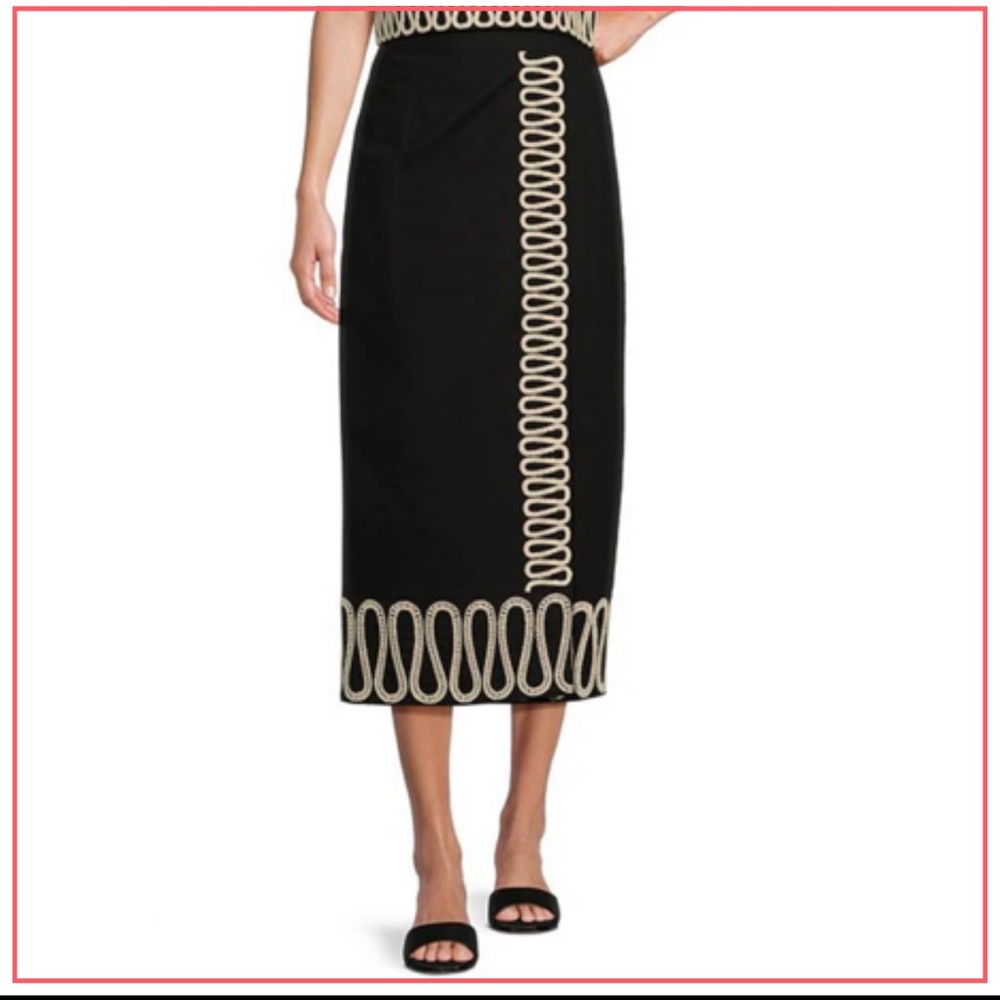 NWT Antonio Melani Slava Embroidered Faux Wrap Canvas Coordinating Midi Skirt